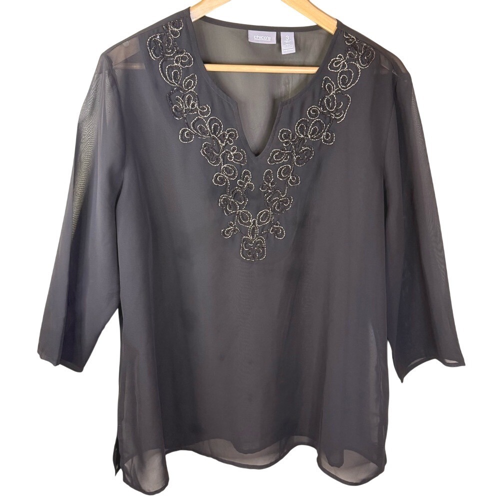 Chicos Top Brown V Neck Button Up Iridescent Sequin Embellished Size 3 US 16/18